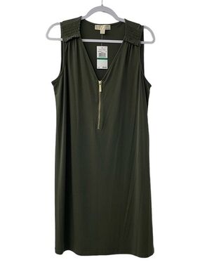 Michael Kors Olive Green Sleeveless V-Neck Zip-Front Midi Dress